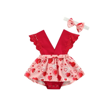 

One opening Valentine s Day Baby Girls Sleeveless Romper + Bow Headband Heart Shape Lace Clothing