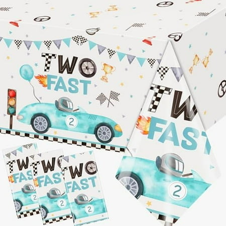 3Pcs Blue Race Car Tablecloth for Boys 2nd Birthday – Checkered Flags & Racing Wheel Design, Plastic Rectangular Party Decor