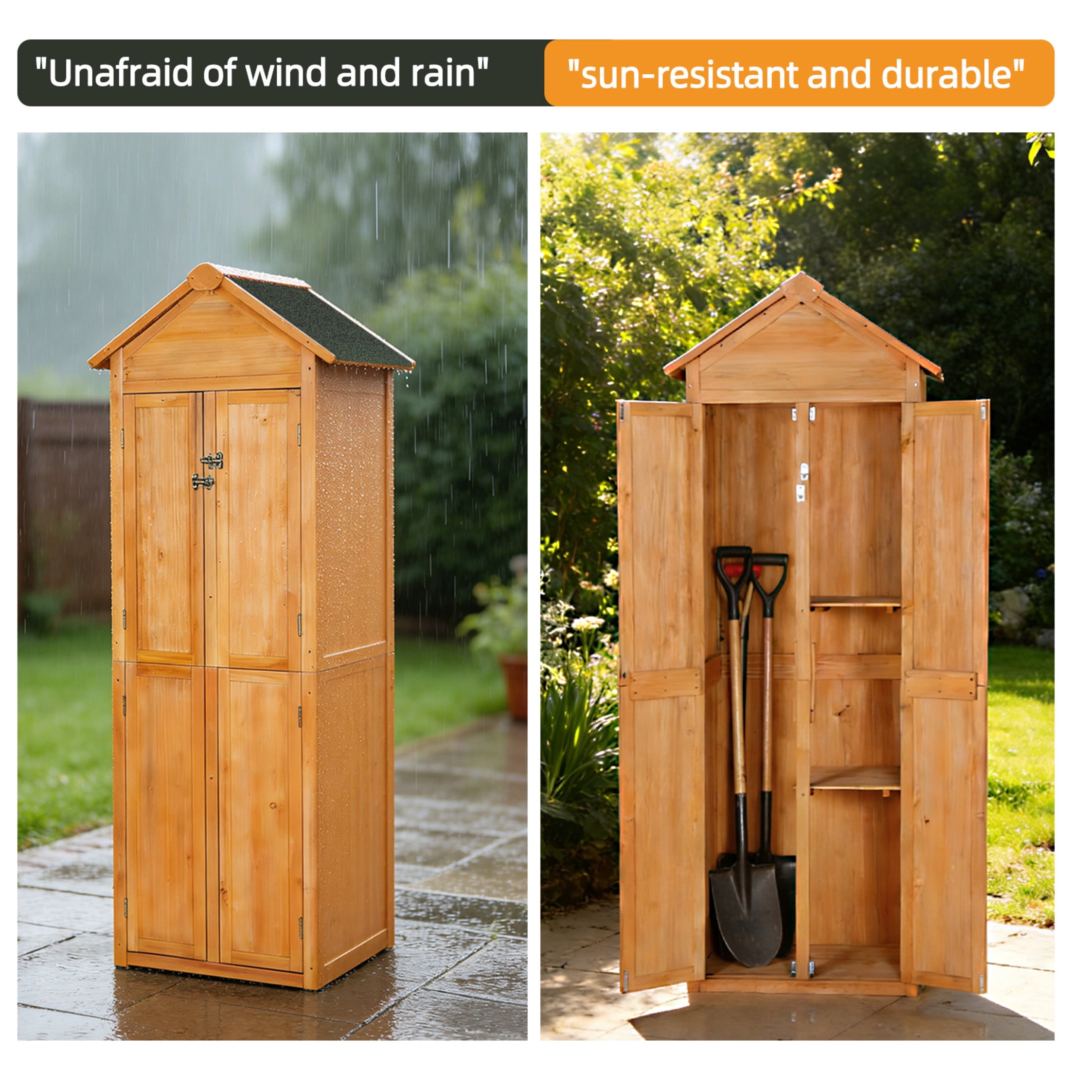 Noble House 27" Outdoor Storage Shed, Vertical Wooden Tool Cabinet with Lockable Doors for Patio, Garden, Brown