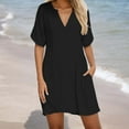thumbnail image 2 of OSOLU Solid Color Women Summer Beach Dress V-Neck Loose Tiered Cover Up With Pockets Casual Vacation Dresses For Pool Holidays Cozy Sundress Wedding Guest Dress, 2 of 6