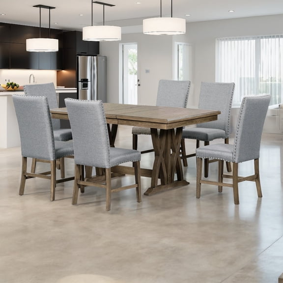 Euroco 7-Piece Extendable Dining Table Set for 6, Mid-Century 60" Rectangular Wooden Kitchen Table Set with 6 Upholstered Chairs for Kitchen or Home,Space-Saving Dining Room Furniture