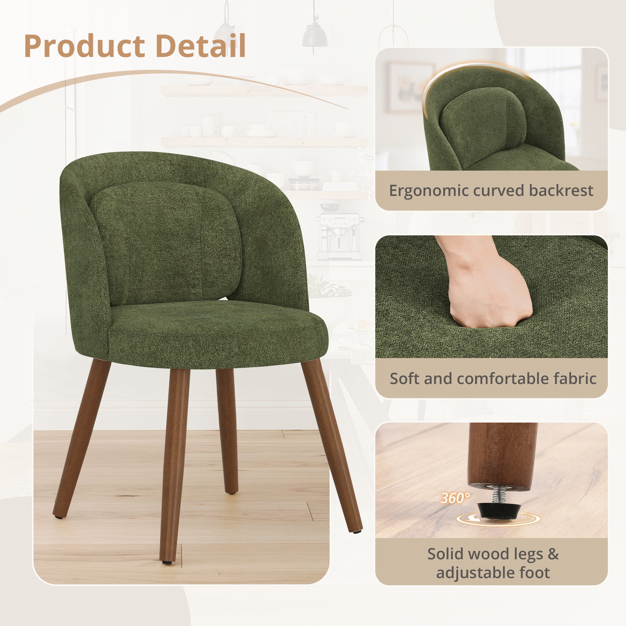 Dycanpo Upholstered Dining Chairs Set of 4, Wooden Dining Side Chairs with Curved Backrest & Individual Back Cushion, Green