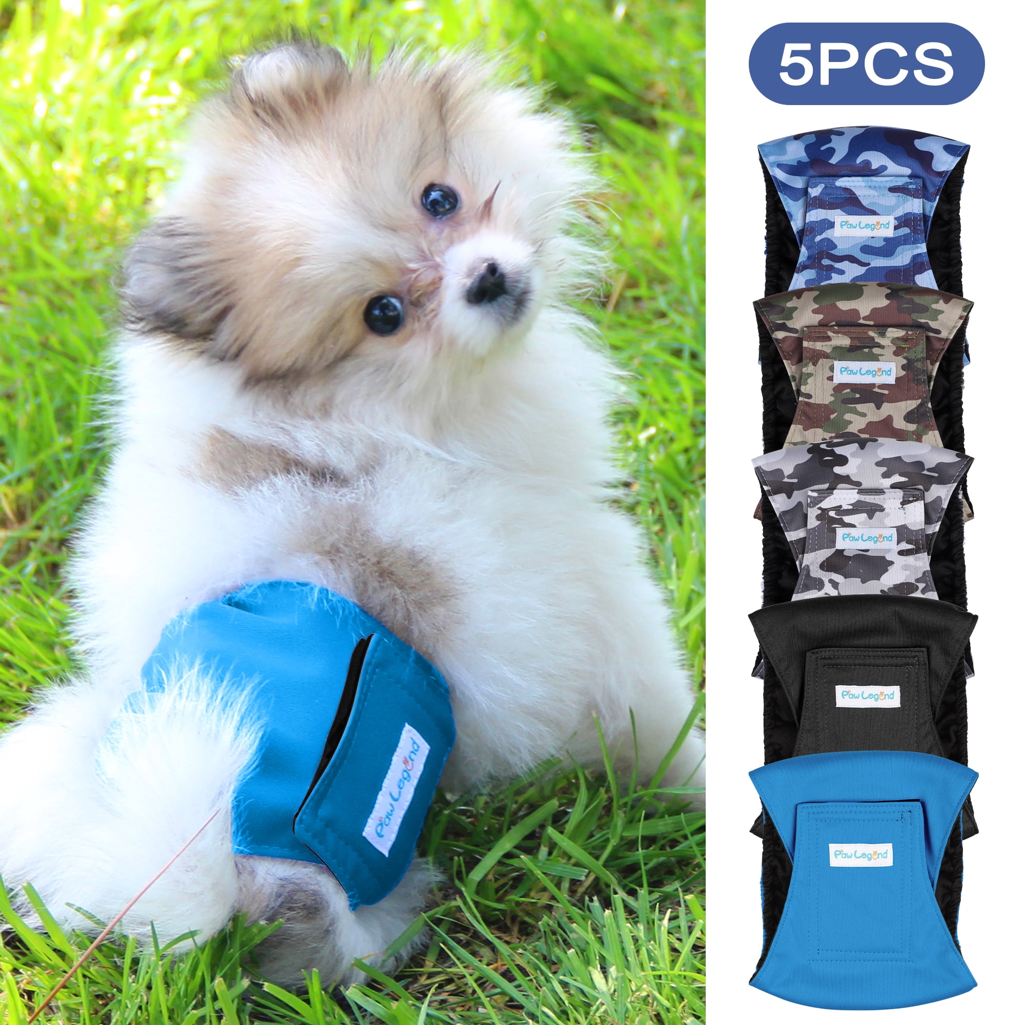 Paw Legend 5Pack Washable Dog Wraps for Male Dogs, Reusable Puppy & Doggie Diapers Male, Leak Proof|Ultra Absorbent Belly Bands Diapers for Dogs,Camouflage,M
