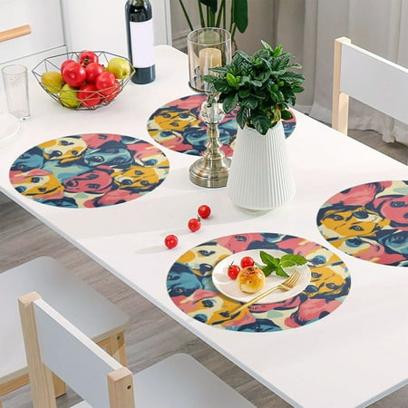 

Round Grid Placemat One Sizex1 Round Placemat PVC Plate Mat，15.4 Inch Non-Slip and Heat Resistant Table Placemat Dining Room Placemat Color Cartoon Dog