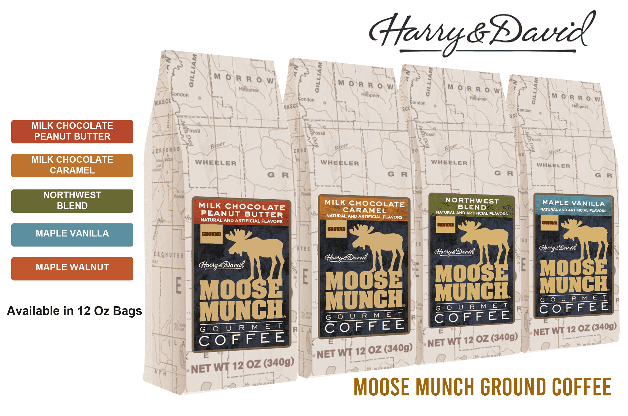 (6 Pack) Harry & David Moose Munch Milk Chocolate Caramel Ground Coffee, Medium Roast, 12 Oz