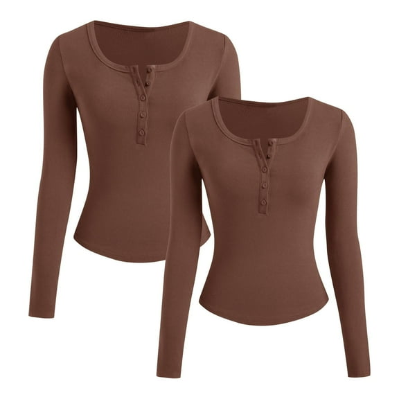 Htigea 2 Packs Womens Long Sleeve Tshirt Slim V Neck Button Henley Shirts Fall Base Layer Tops Brown L
