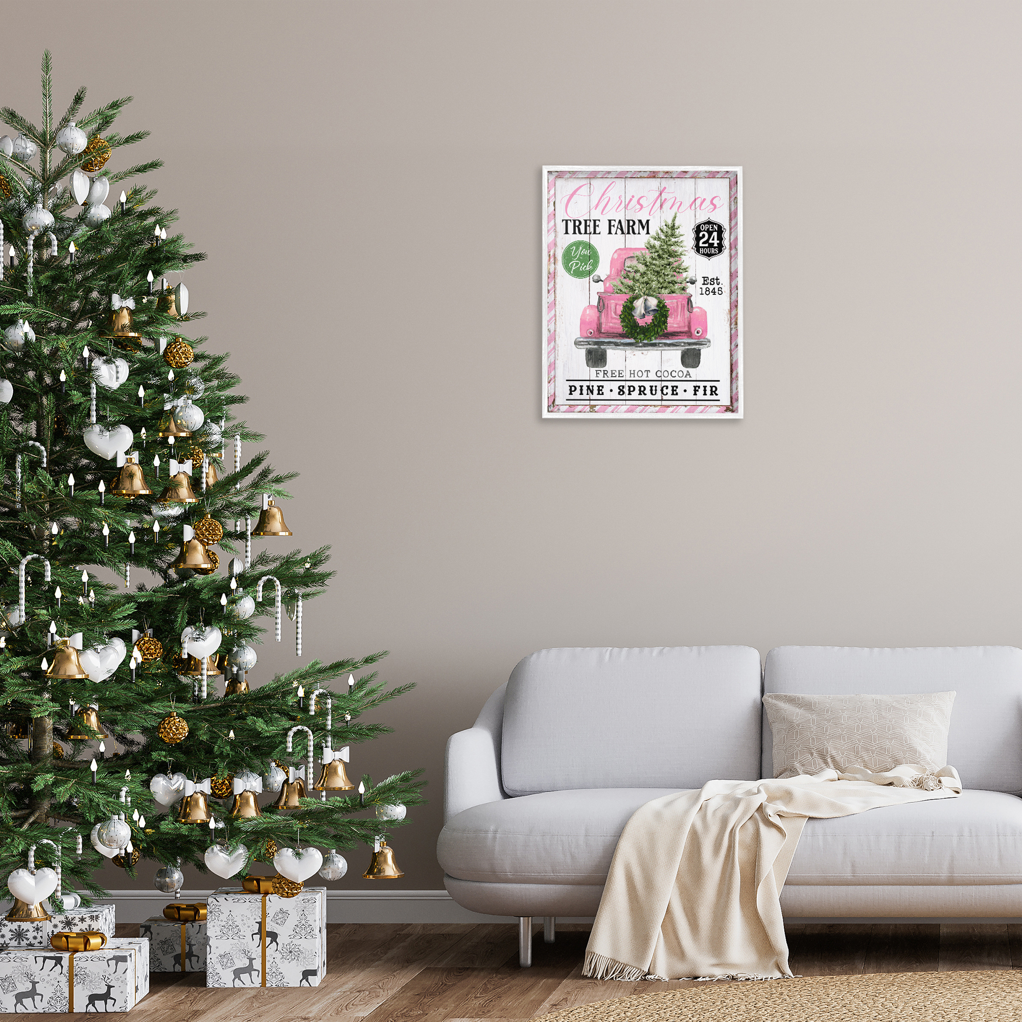 Stupell Industries Pink Christmas Tree Farm Holiday Painting White Framed Art Prints Wall Art, 24 x 30
