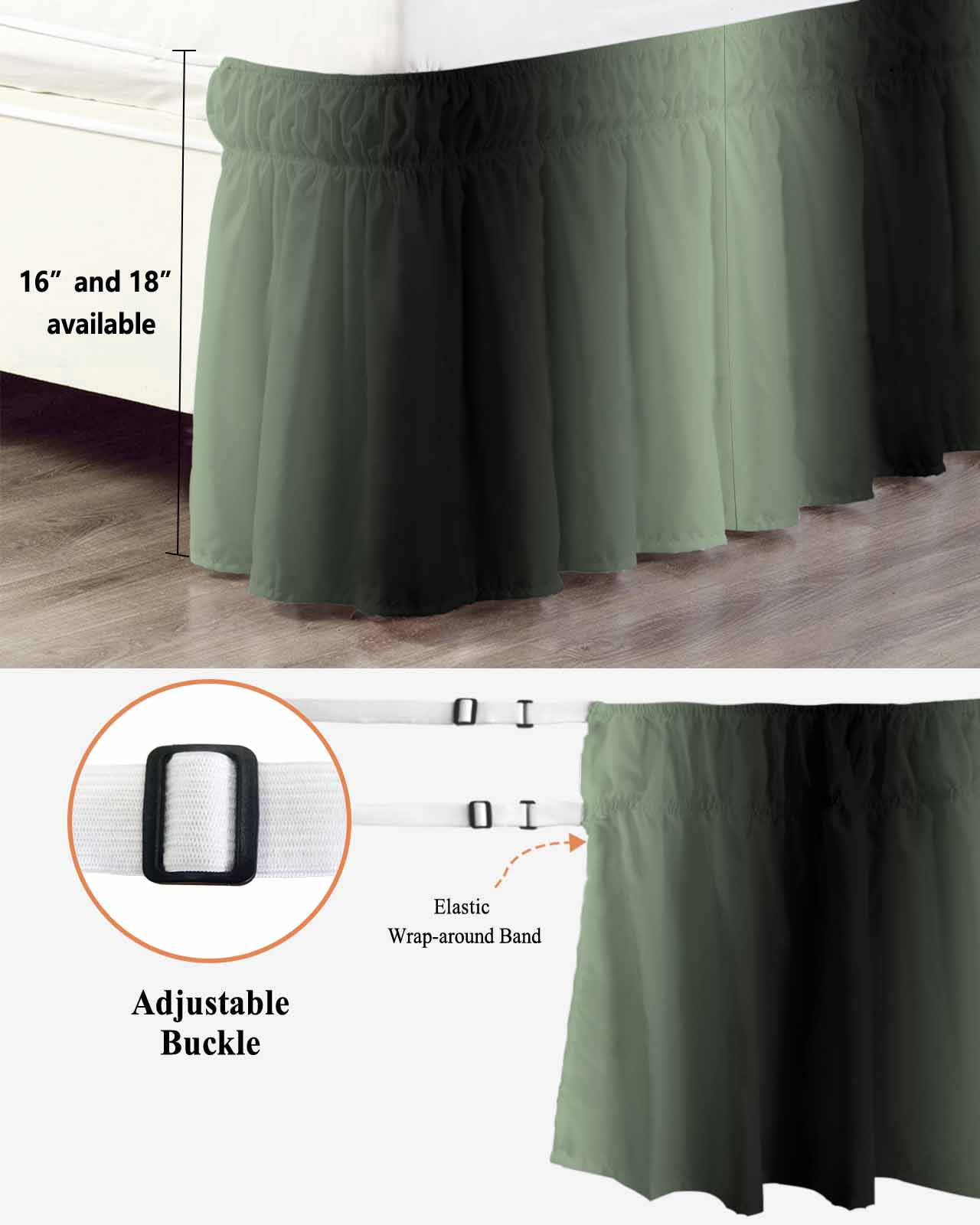 Sage Green Black Ombre Bed Skirt Cal King Size, Gradient Contemporary Abstract Art Wrap Around Bed Skirting with Adjustable Elastic Strap, Dust Ruffled Pleated Bedskirts 16 Inch Drop for Bedroom Beds