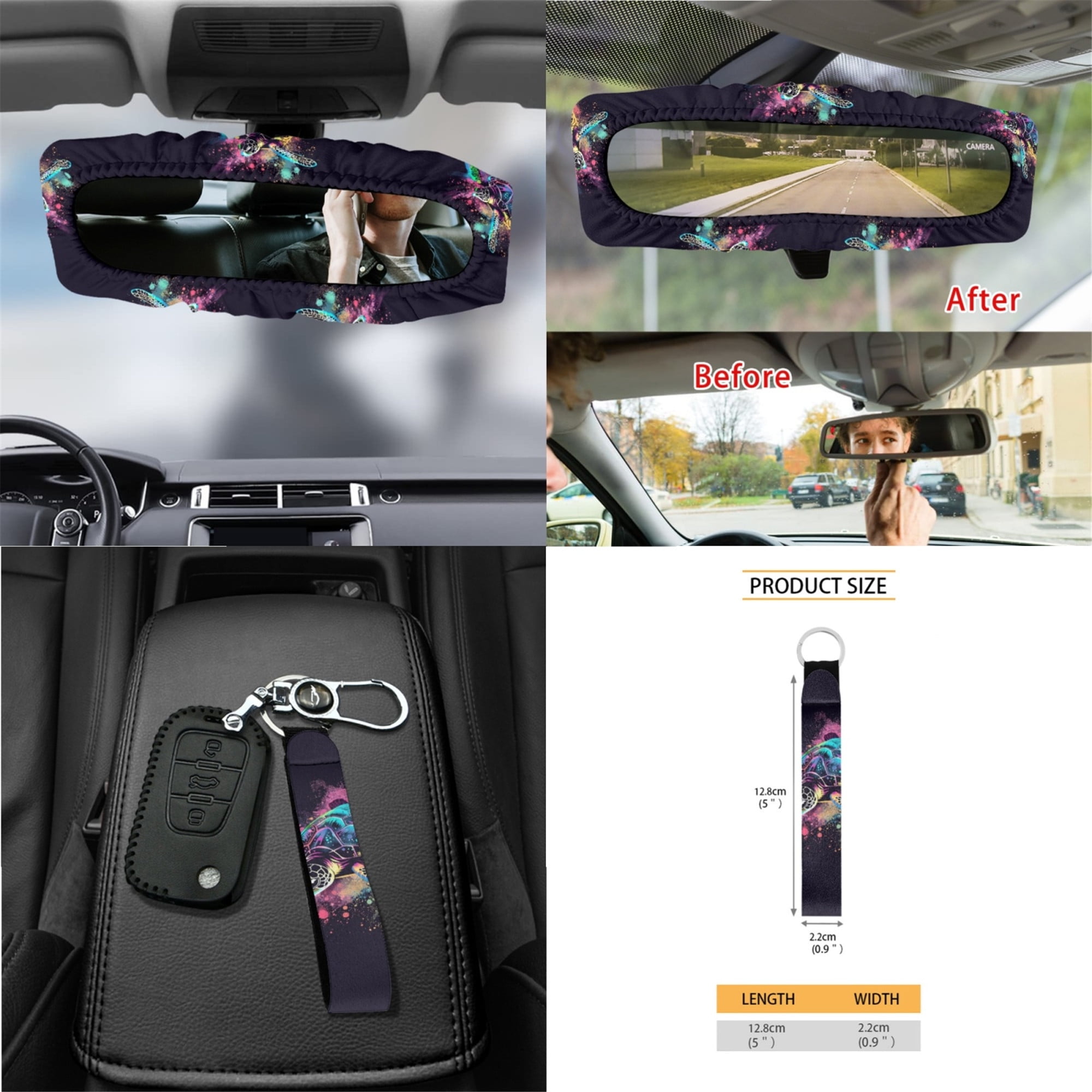 Yuyamidu Colorful Sea Turtle Car Seat Covers Set 15 PCS Car Front Rear Seat Cover Steering Wheel Cover Seat Belt Covers Trash Bin Air Vent Storage Bag Rear View Mirror Cover Coasters Key Chain