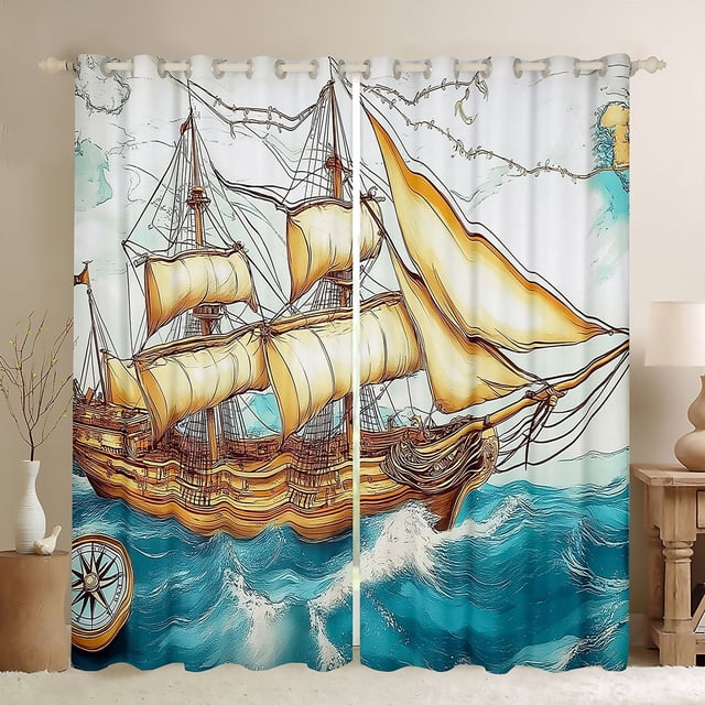 Erosebridal Rideaux Vintage Bateau Lot de 2 (42x84), Boussole Nautique Rideaux Occultants 30 %-50 %, Bleu Aqua