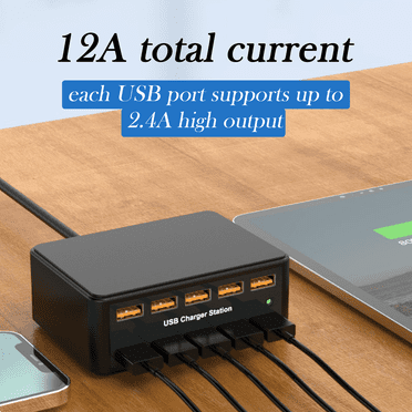 60W 10-Port USB Charging Station with 12A/5V Power - Multi Port Desktop Charger Dock for Phones, Tablets, Smart Devices - Portable Travel Wall Charger for Home, Office, Dorm Essentials
