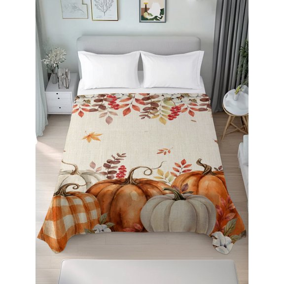 Full Flat Sheet Only Fall Thanksgiving Pumpkin Leaf Soft Microfiber Cooling Bedding Sheets Farm Plant Berry on Linen Flat Bed Sheet for Hotel,Home Decor
