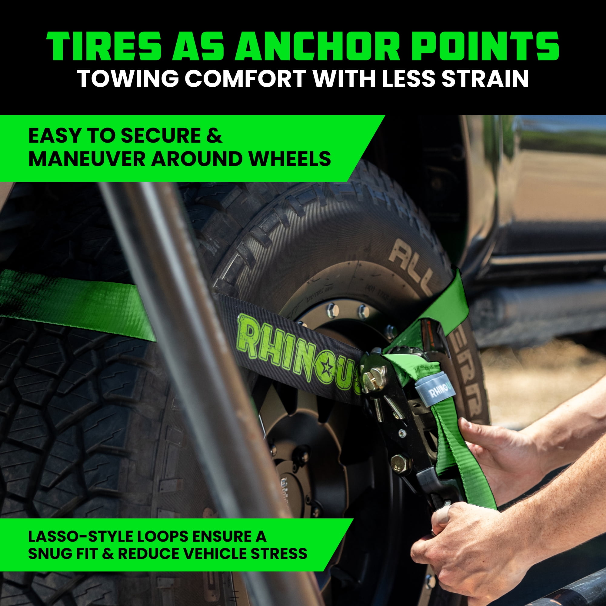 Rhino USA Heavy Duty 2" x 8' Car Tie Down Straps with J Hook - 10,000lb Break Strength (Green 4Pack)