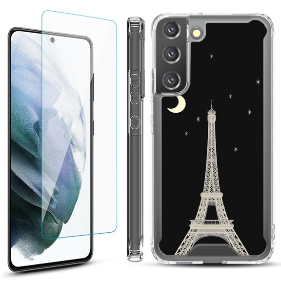Shockproof Bumper Phone Case for Samsung Galaxy S22  / S22 Plus 5G, with Tempered Glass Screen Protector, by OneToughShield ® - Eiffel Tower Moon