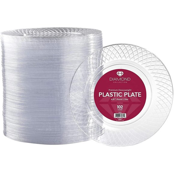 Prestee 102 Clear Plastic Plates Disposable - 6.25-inch Heavy Duty Hard Plastic Clear Plates for Party - Elegant Round Cake, Dessert, Salad