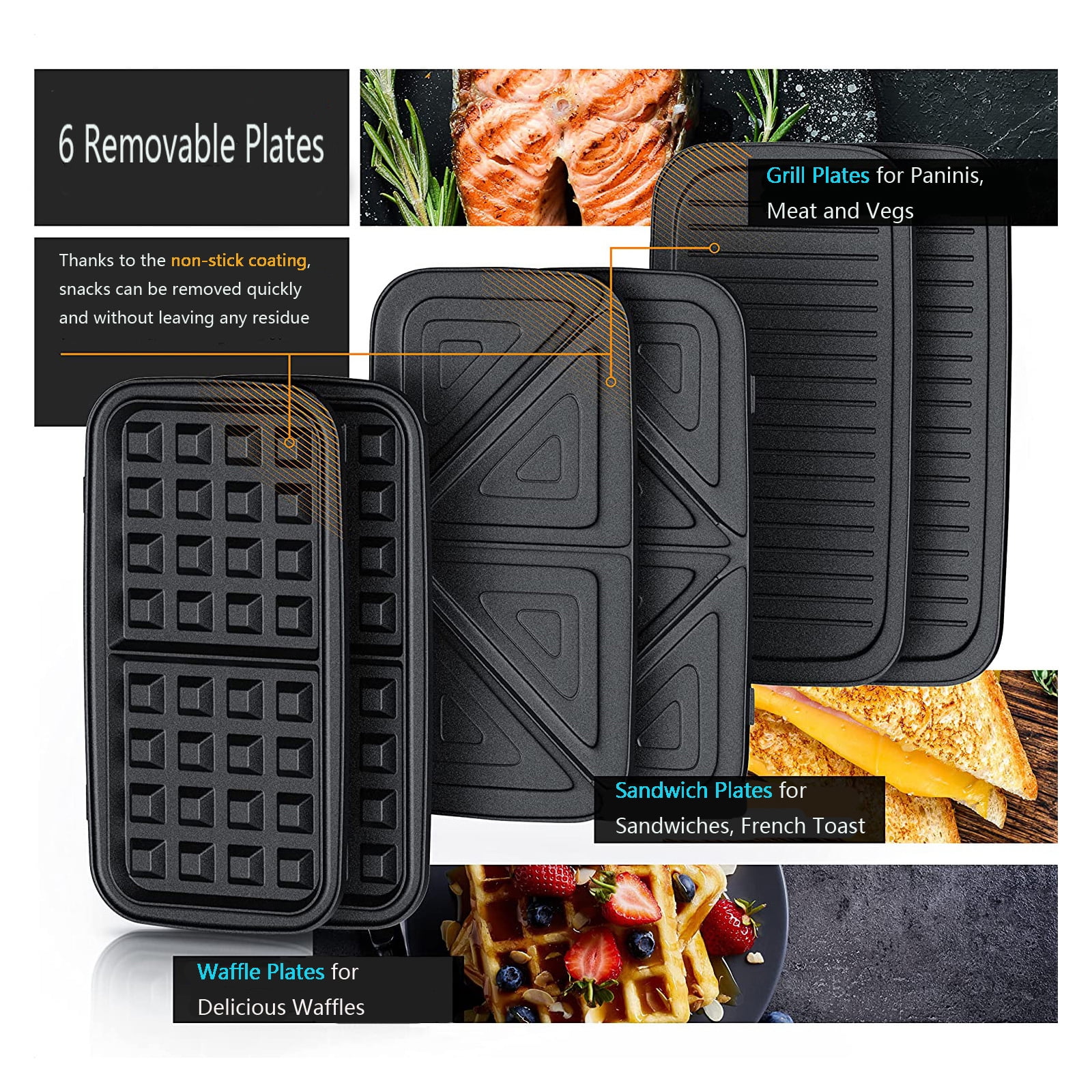 3 in 1 Sandwich Maker, 1200W Waffle Maker, Panini Press Grill, With 5-gear Temperature Control and Removable Plates ,Nonstick Surface, Black