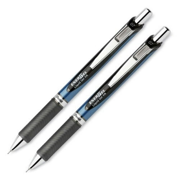 Pentel EnerGel RTX Liquid Gel Pens Medium Pen Point - 0.7 mm Pen Point Size - Needle Pen Point Style - Refillable - Retractable - Black Gel-based Ink - Blue Barrel - Stainless Steel Tip - 2 / Pack