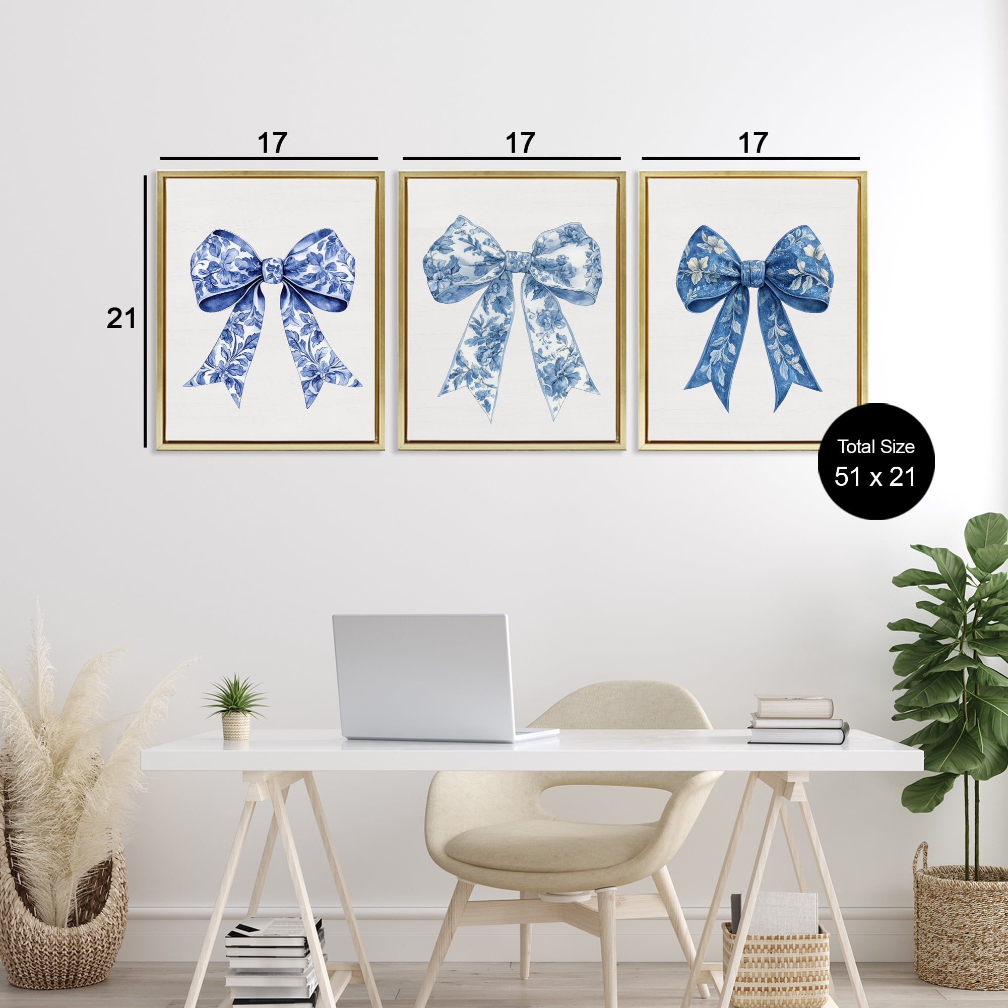 Vintage Toile Pattern Bows 3 Piece Gold Framed Floater Canvas Set, design by Lettered and Lined