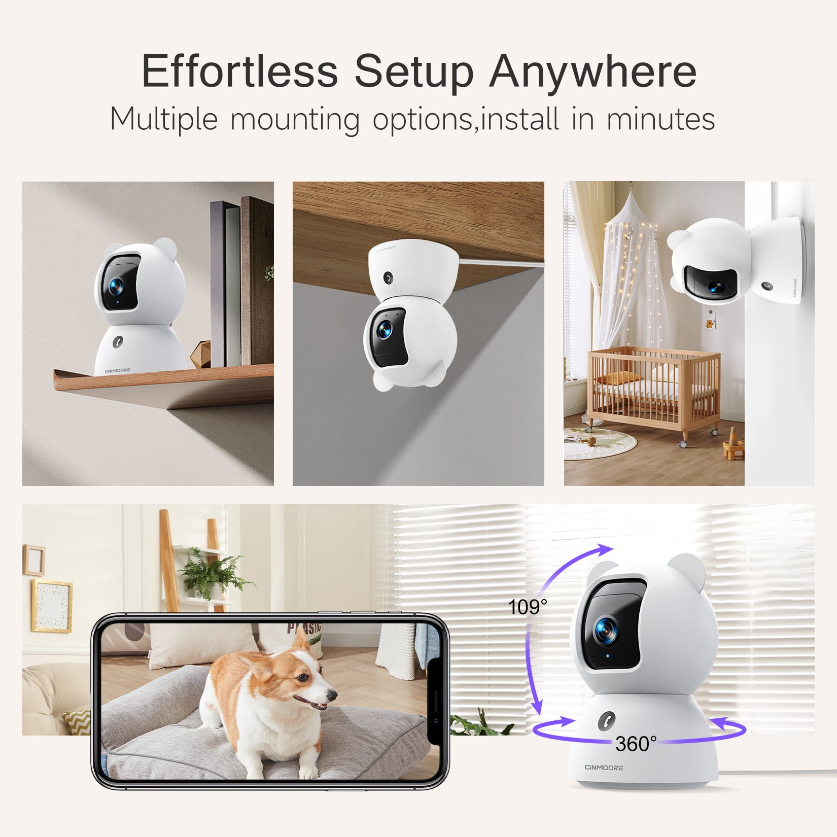 CINMOORE 2.5K Pet/Dog/Cat Camera w/ Phone App, No-Subscription Local Person/Pet/Cry Detection, 4MP Security Camera Indoor, PTZ WiFi Cameras for Home Security, Color Night Vision,Full Duplex Audio,2PC