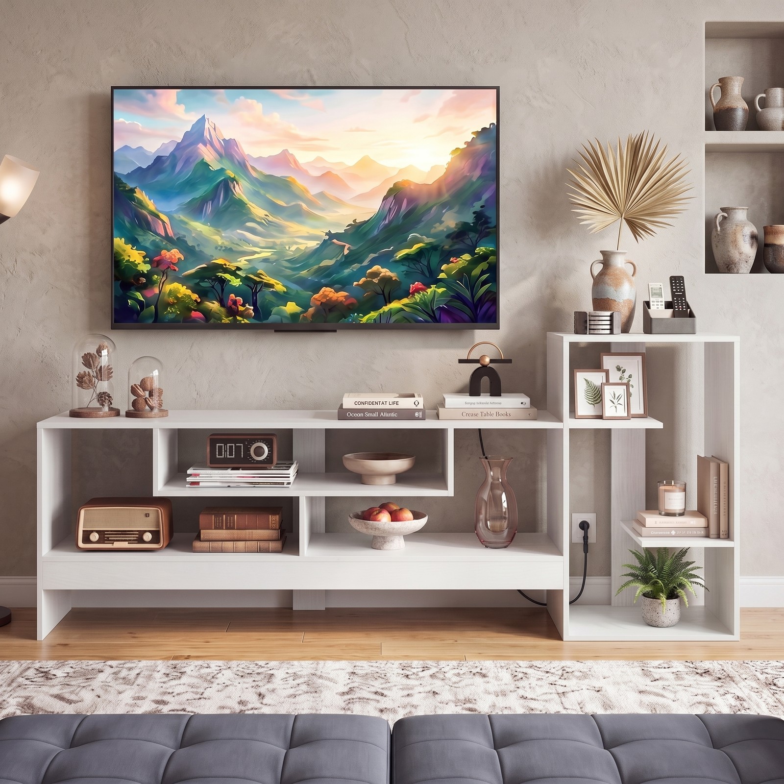 Furnibear Cube TV Stand for 55 Inch TV with Power Outlets, USB and Type-C Ports, Open Cube Storage Shelves, Entertainment Center Media Console for Living Room, White