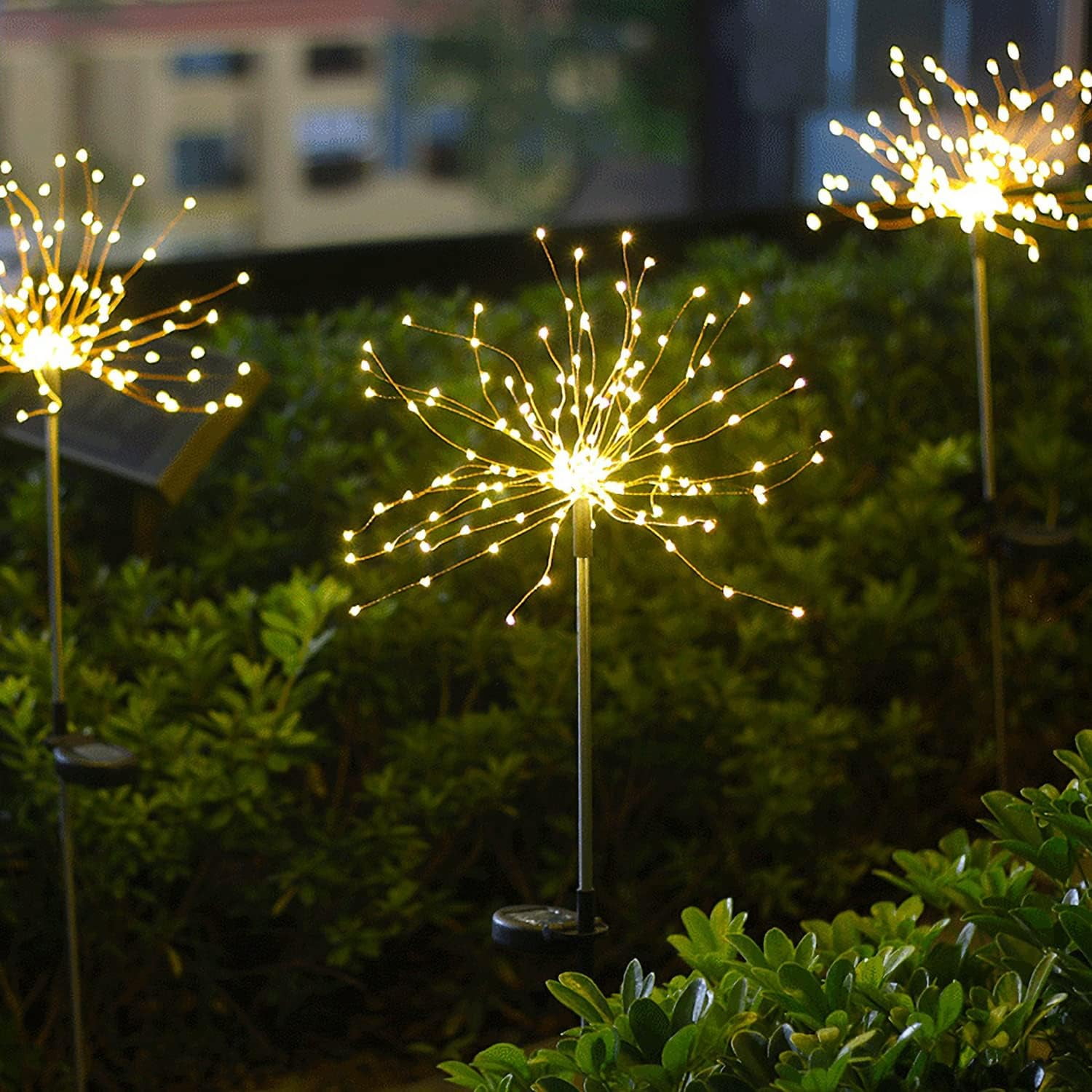 Solar Garden Lights, 4 Pack LED Solar Firework Lights, Dingrich Solar Lights Outdoor with 8 Lighting Modes Firework Lights for Outdoor Patio Walkway Lawn Backyard Party Decoration - Warm White