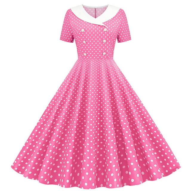 Dvprdro Robe de Bal pour Femme Invitée de Mariage Mode Vintage à Pois Imprimée Manches Courtes Ligne A Évasée Cocktail Fête Robe Midi