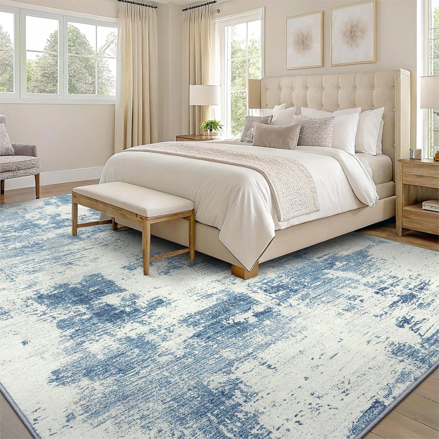 Buganda Area Rug for Living Room 5'X7', Washable Artificial Wool Area Rug, Low Pile Non-Slip Carpet for Bedroom Office Dining Room, Blue