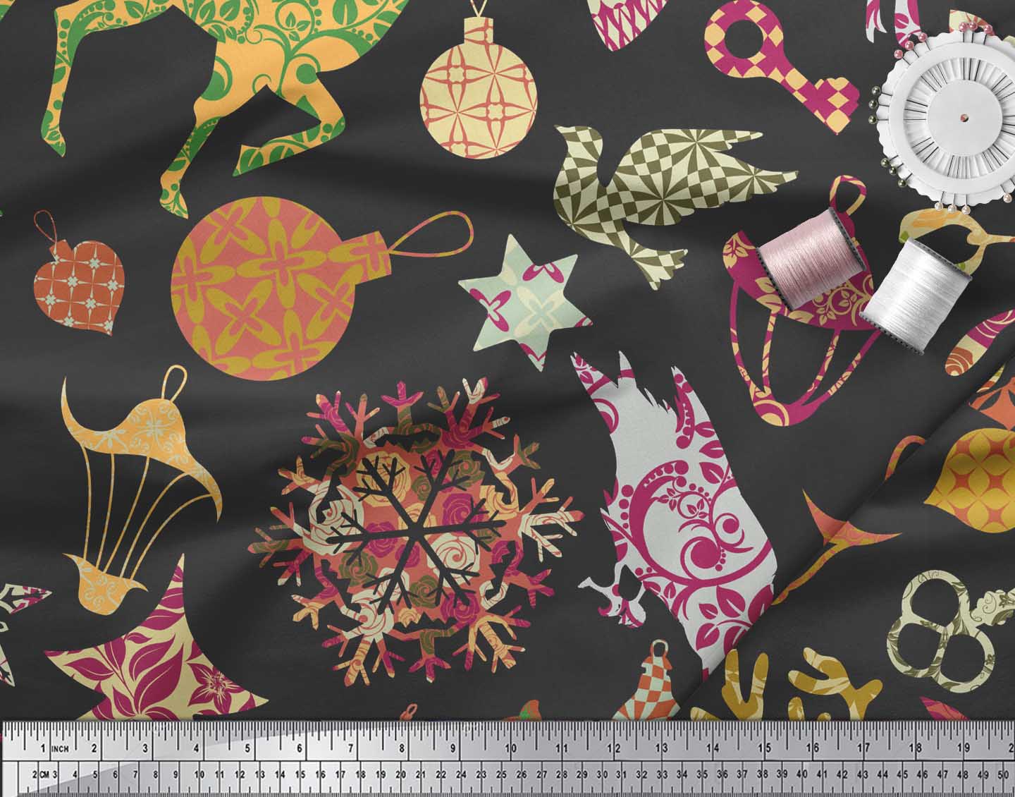 Soimoi Black Heavy Satin Fabric Reindeer,Oranaments & Tree Christmas Print Sewing Fabric Yard 54 Inch Wide