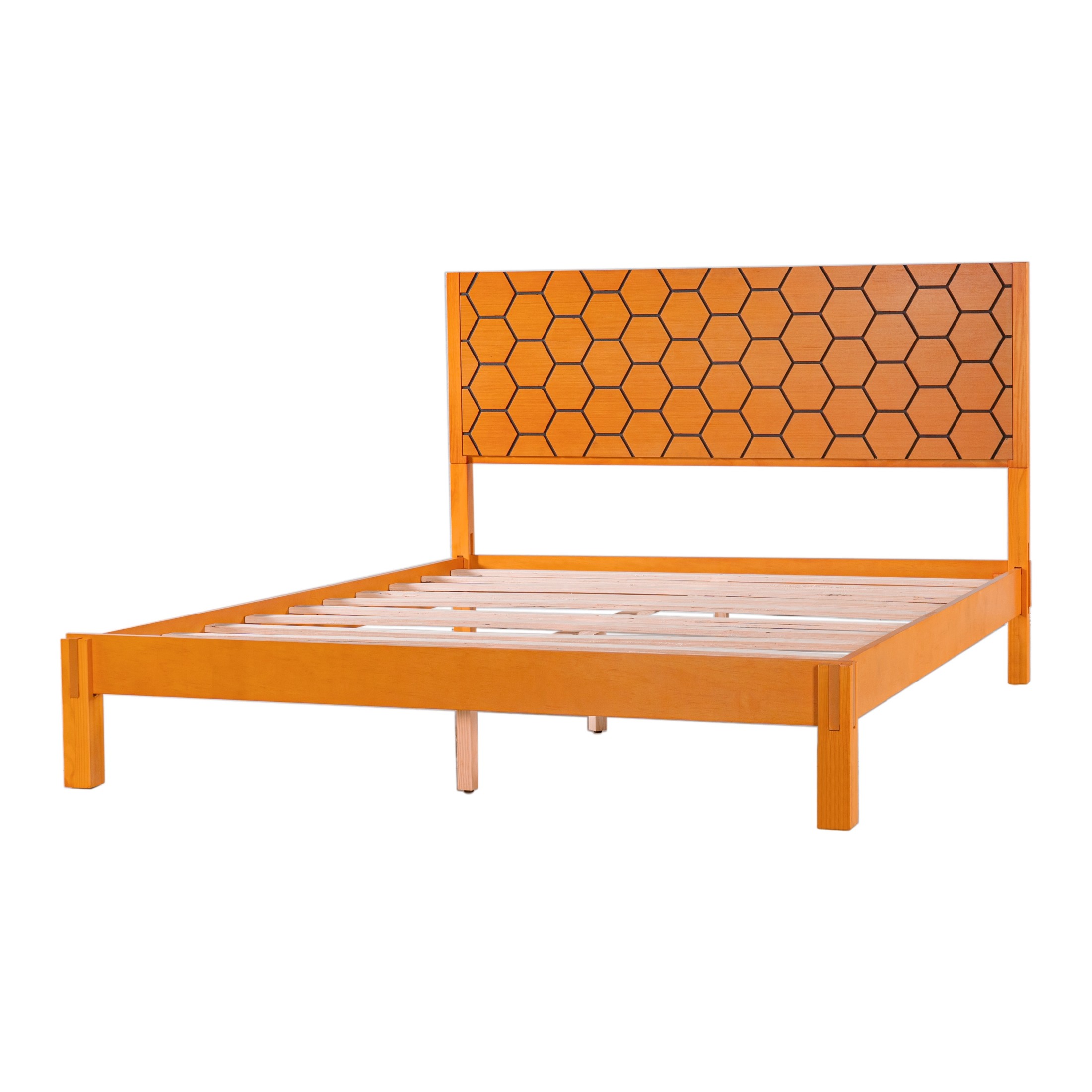 Christopher Knight Home Modern Queen Wooden Platform Bed Frame With Honeycomb Headboard, Golden Oak