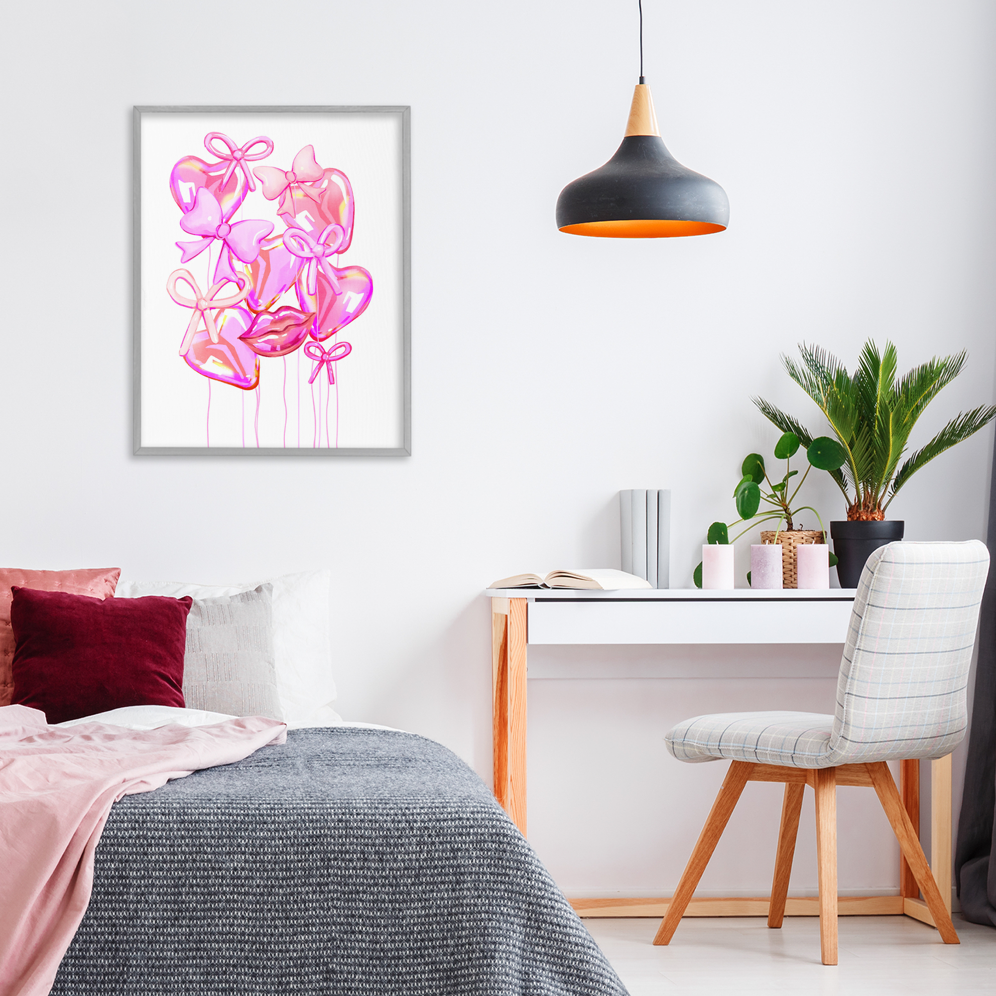 Pink Heart and Bow Balloons Gray Framed Giclee Art, design by Ziwei Li