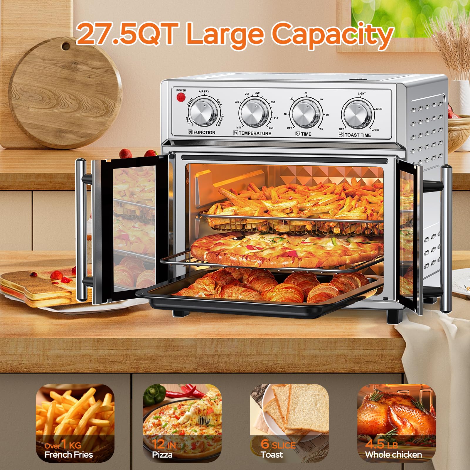 27.5 Quart 6 Slices Large Air Fryer Convection Toaster Oven, French Door, 1700W, Multifunction Oven for Air Fryer, Toast, Grill, Defrost, Bake, Time and Temperature Controls, Silver