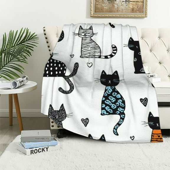 BCIIG Black White Cat Sherpa Blanket Polka Dot Star Paw Prints Throw Blanket for Kids Girls Napping Blanket for Cat Lovers 40x50in