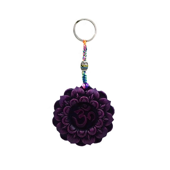 Om Purple Lotus Crown Chakra 3D Figurine Keychain Multicolored Macramé Metal Ring - Handmade Gifts Boho Car Keys Bag Accessories