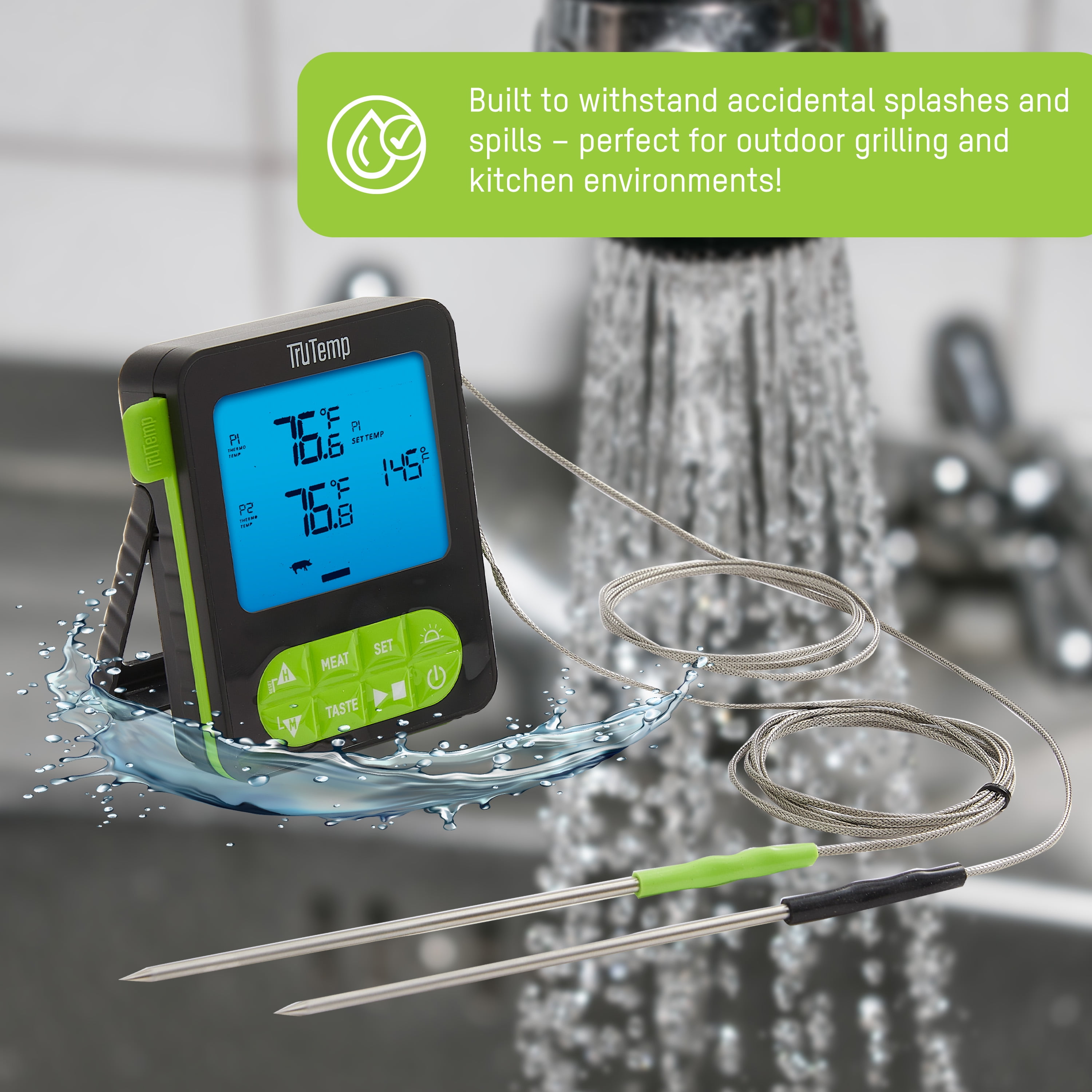 TruTemp Digital Dual Probe Programmable Meat Thermometer for Grilling, Smoking, & Cooking, Green