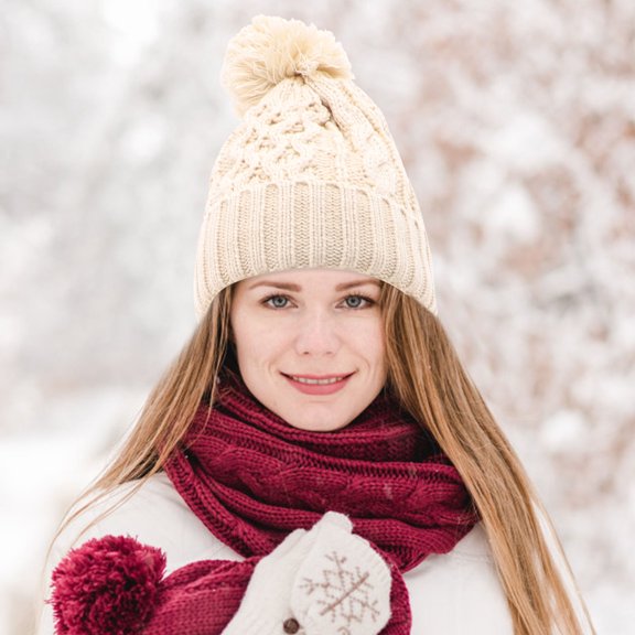 BESTYASH 1 Set Beige Winter Knit Hat, Scarf, and Gloves Warm Accessories for Cold Weather