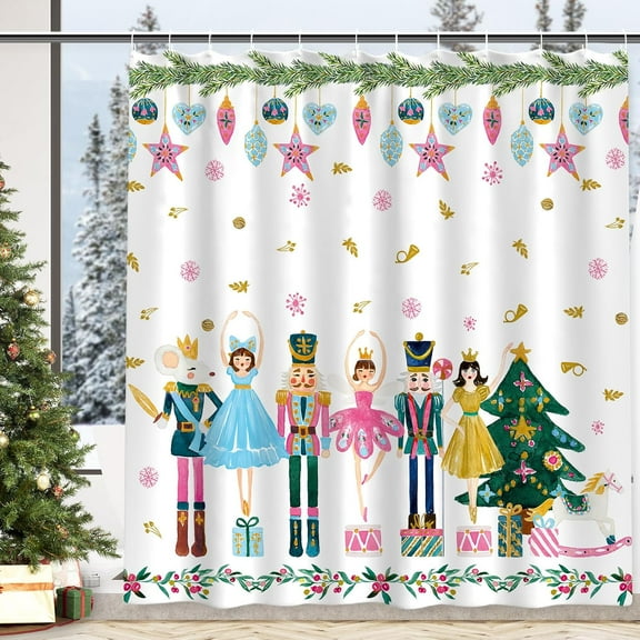 Shower Curtain Christmas Watercolor Pink Nutcracker Bathroom Decoration Xmas Waterproof Fabric Bath Curtain Set with Hook for Home Hotel Supplies, 72 x 72 Inch