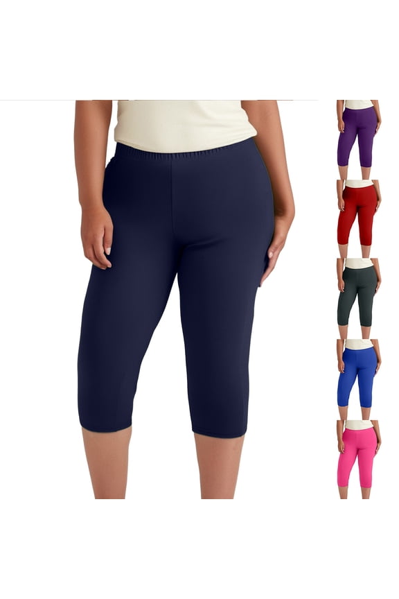 Women's Plus Size High Waist Solid Capri Leggings, Tummy Control Stretchy Yoga Pants, Breathable Compression Workout Tights for All-Day