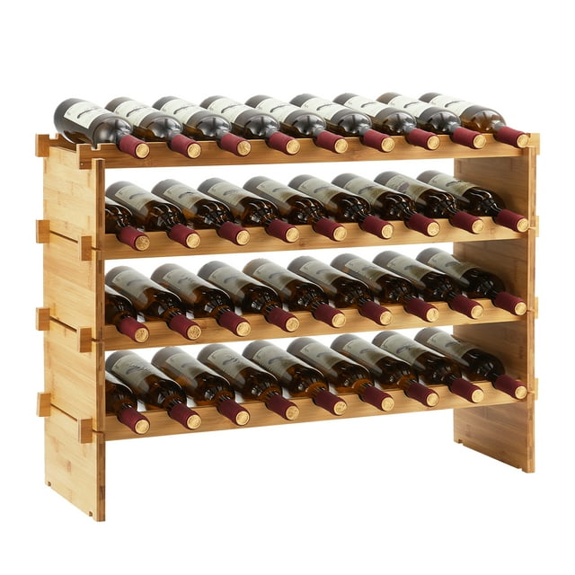 36 Bottles Stackable Modular Wine Rack, 4 Tier Wooden Wine Storage Rack, Bamboo Wine Display Shelves, Wobble-Free Wine Holder Freestanding Floor Wine Bottle Rack for Bar Cellar