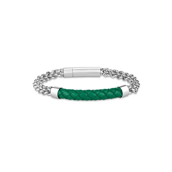 316L Stainless Steel Flexible ID Green Braided Leather Bracelet, 8.5"