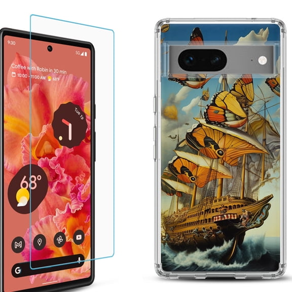 OneToughShield ® for Google Pixel 7a Shockproof Bumper Phone Case, with Tempered Glass Screen Protector - Butterfly Ship