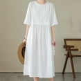 thumbnail image 6 of Efsteb Cotton Linen Dresses for Women Short Sleeve Summer Midi Dress with Pockets Casual Crew Neck Pleated Front Drawstring Tie Waist Vacation Dresses (White,M), 6 of 9