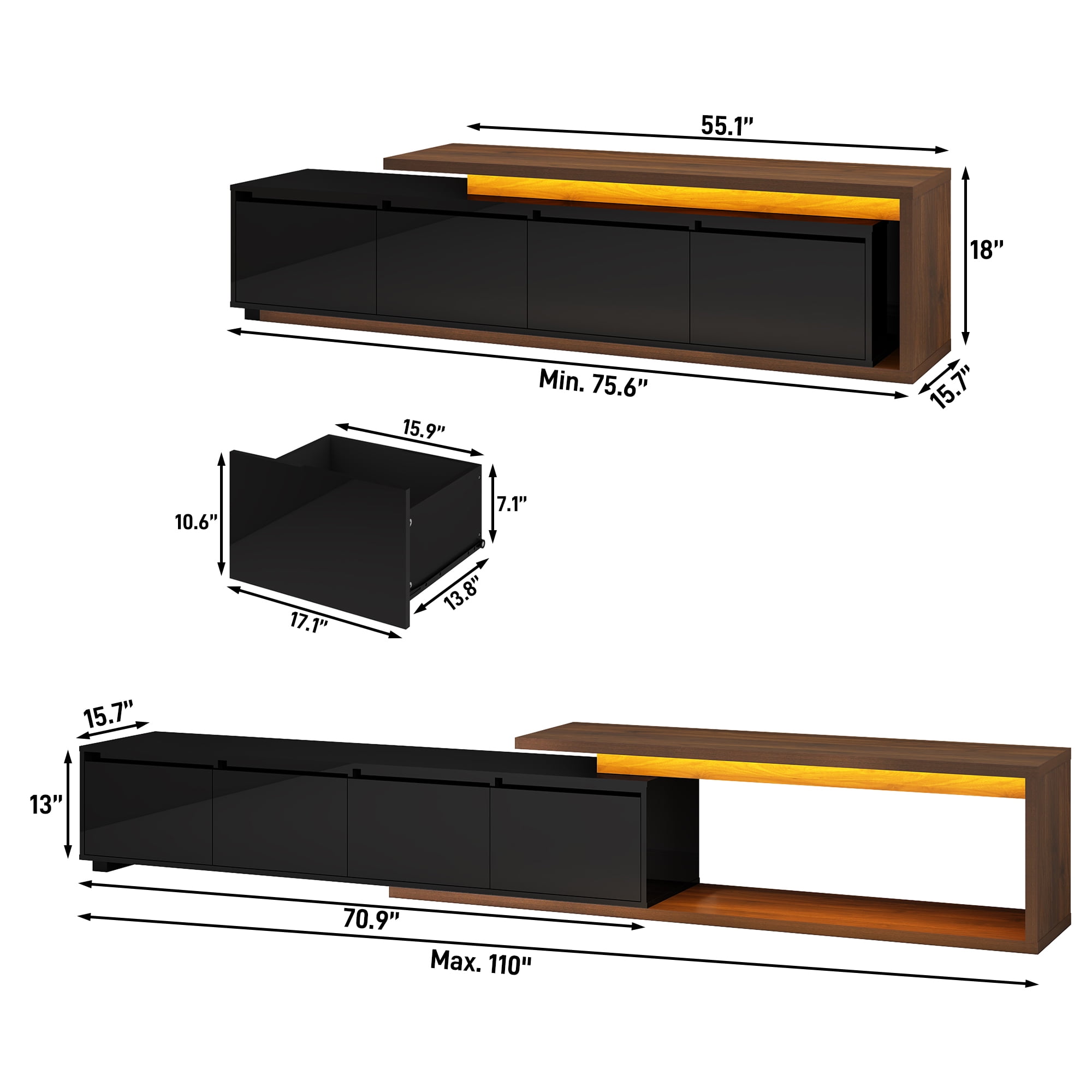 ANPOO Extendable TV Stand Cabinet with Drawers & LED Light, High Gloss Modern Minimalist Entertainment Center for Up to 120" TV, Reversible Extra Long TV Media Console, Black & Walnut