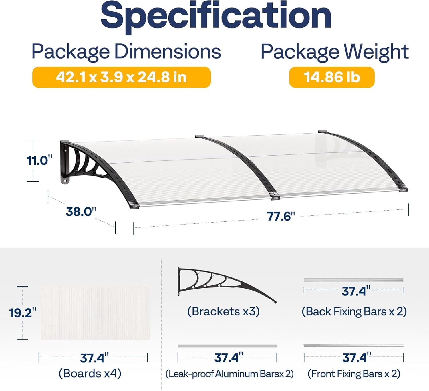 SPECSTAR Polycarbonate Window Door Awning Spliced Canopy Transparent with Black Bracket 40 Inch x 80 Inch