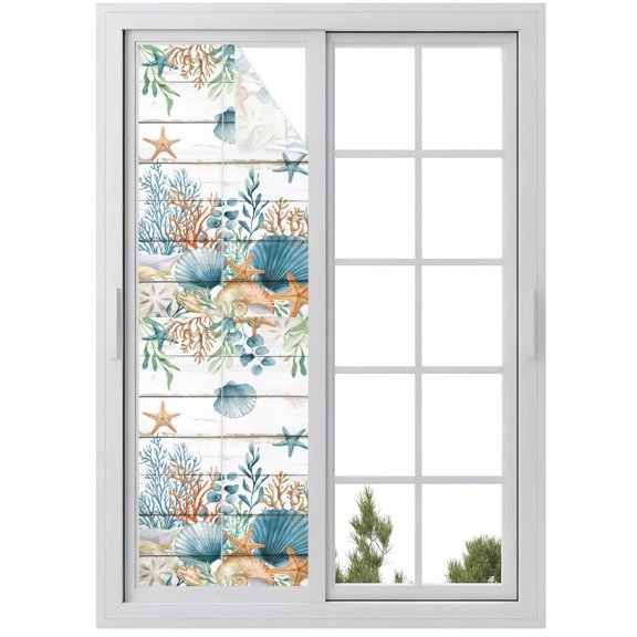 Teal Blue Coastal Window Privacy Film,Summer Beach Starfish Shell Coral Nautical Vintage Static Cling UV Sun Blocking Window Tint Day and Night,Non-Adhesive One Way Privacy Cover 17.7''x78.7''