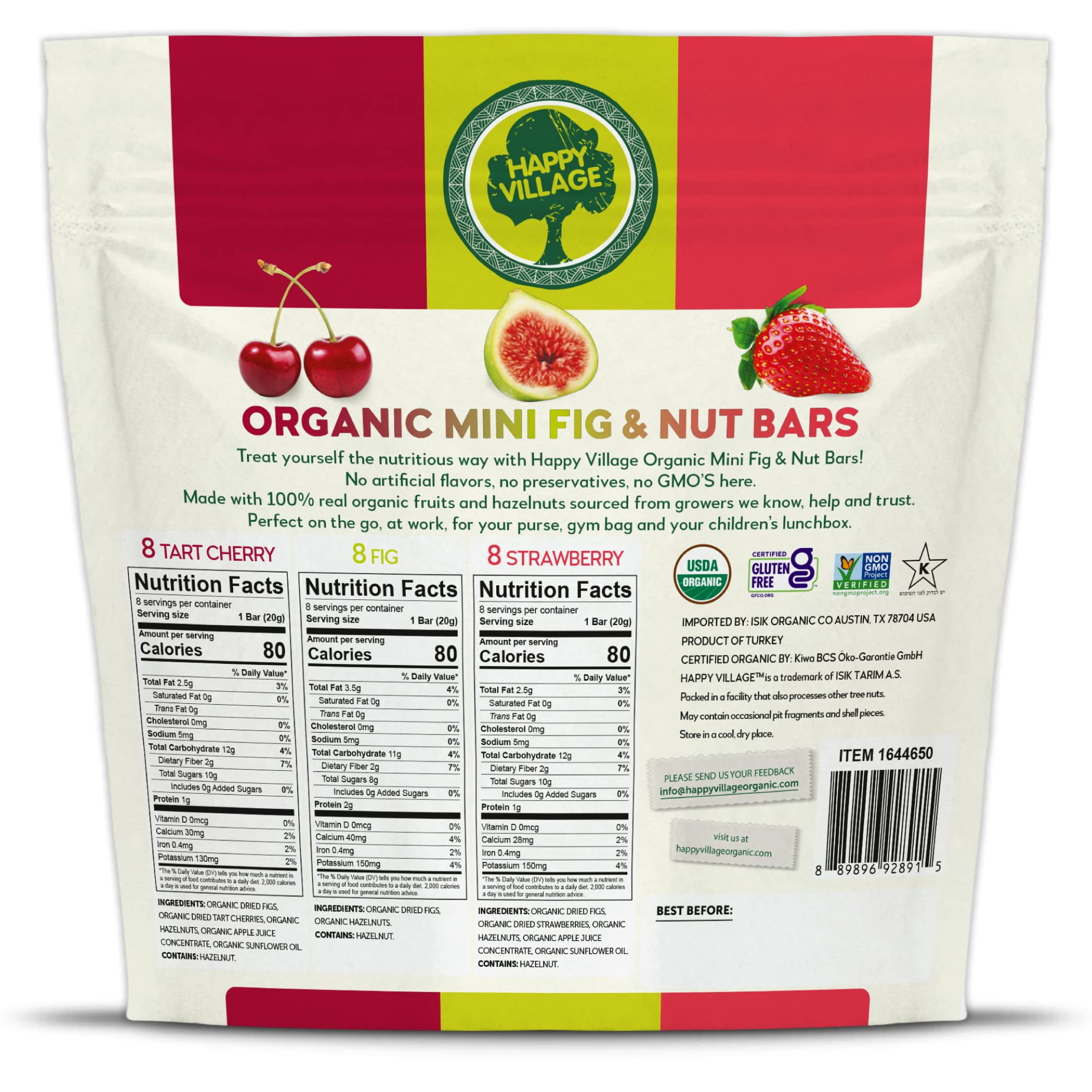 Happy Village Organic Mini Fig & Nut Bars, 24 Packs, No Sugar, Kosher, Non-GMO, Gluten Free, Vegan, Flexible pack, 8 Cherry, 8 Fig, 8 Strawberry