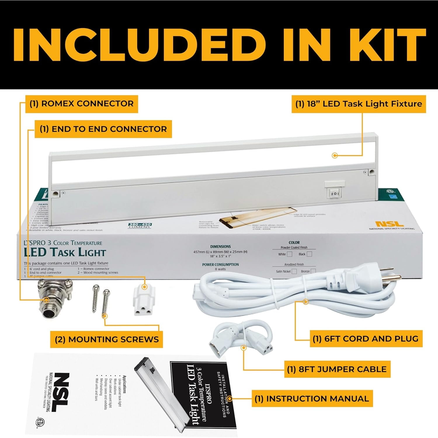 LED Under Cabinet Lighting Hardwired - 3CCT 18 Inch White Finish - Undercabinet Lights for Kitchen - Linkable Undercounter Dimmable Plug in Light or Hard Wired - Under Counter Fixture Direct Wire
