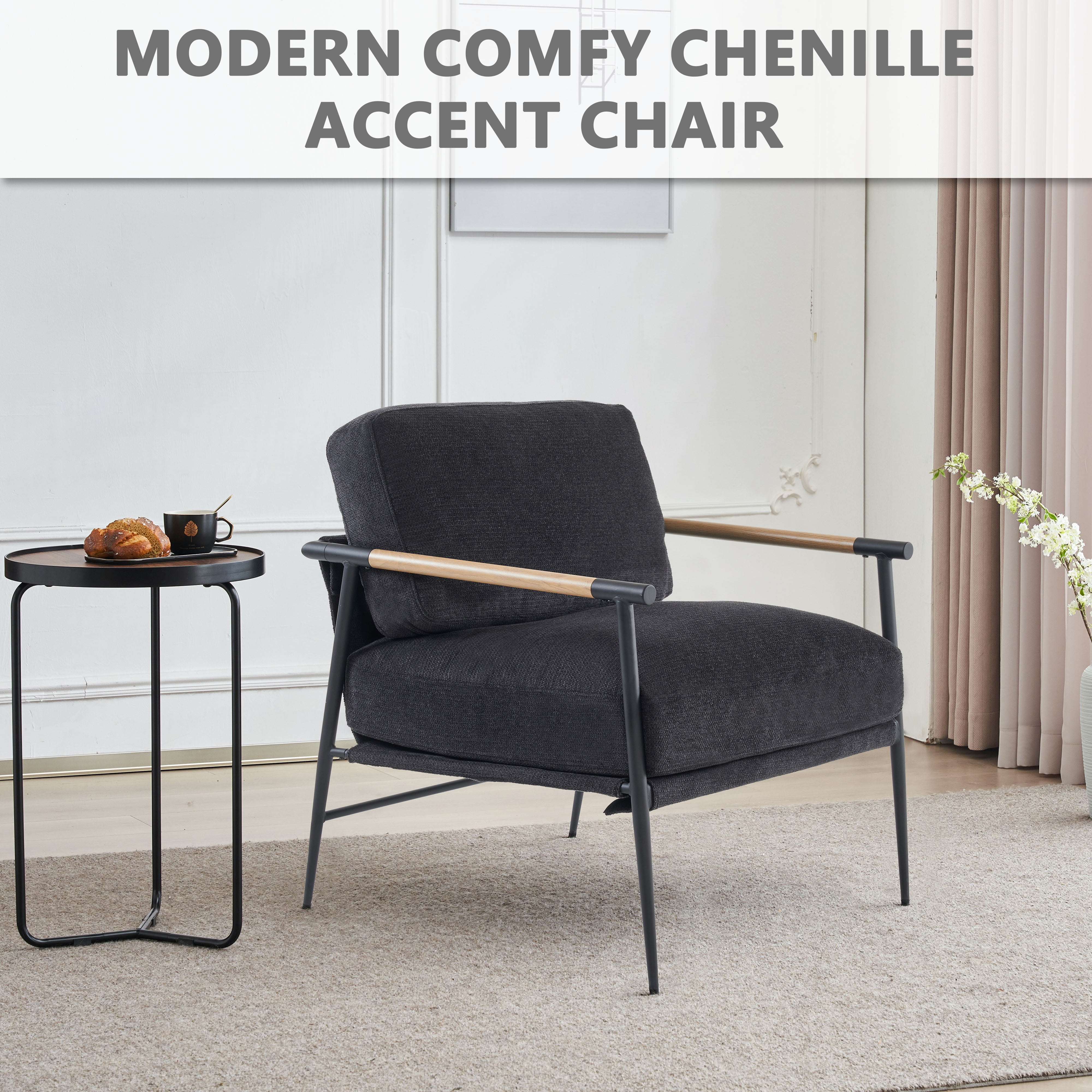 Othniel Black Accent Chair Armchair Chenille Mid Century Modern Accent Chair Metal Leg Comfy Cushion for Living Room