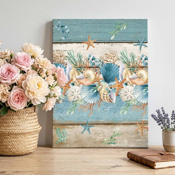Canvas Wall Art Marine Life Canvas Art Print Vintage Blue Shell Coral Starfish Blue Wood Grain Leaves Pictures Wall Decor for Living Room Bedroom Artwork Decorations Framed Ready to Hang 12"x16"