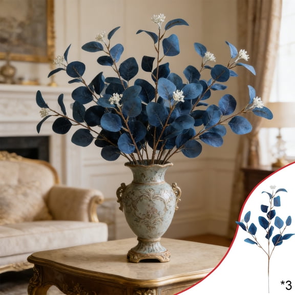 3Pcs Blue Eucalyptus Stem, Realistic Faux Leaf Fresh Blue Tone Vivid Design, Artificial Foliage, Floral Ornament for Home Floral Arrangement Indoor Outdoor Scene Decoration