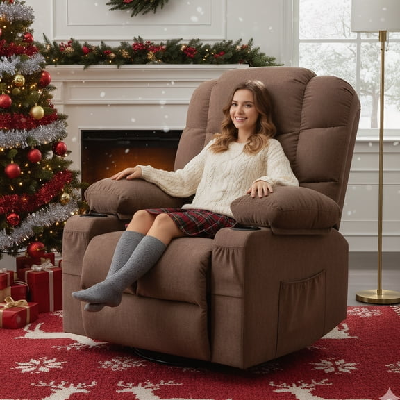 Sesslife Swivel Rocker Recliner Chair for Adults, Heavy Duty Manual Electric Power Reclining Sofa with Heat and Massage, Comfy Single Reclining Mechanism Chair with Side Pockets Cup Holders, Brown